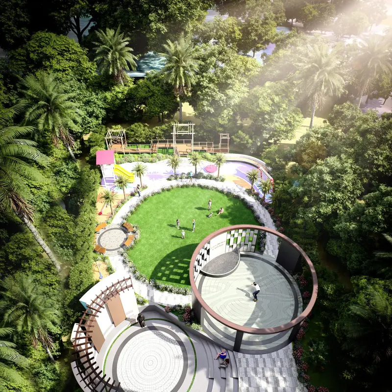 Park aerial — fountains, lawns and the Miyawaki forest