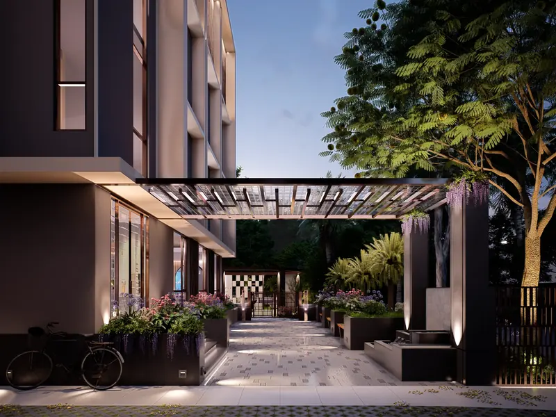Pearl Avenue clubhouse entrance in the evening
